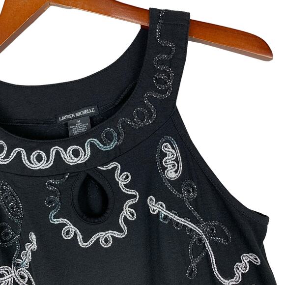 Lauren Michelle Tank Top Sleeveless Embroidered Black Silver Art Women's M - Picture 3 of 8